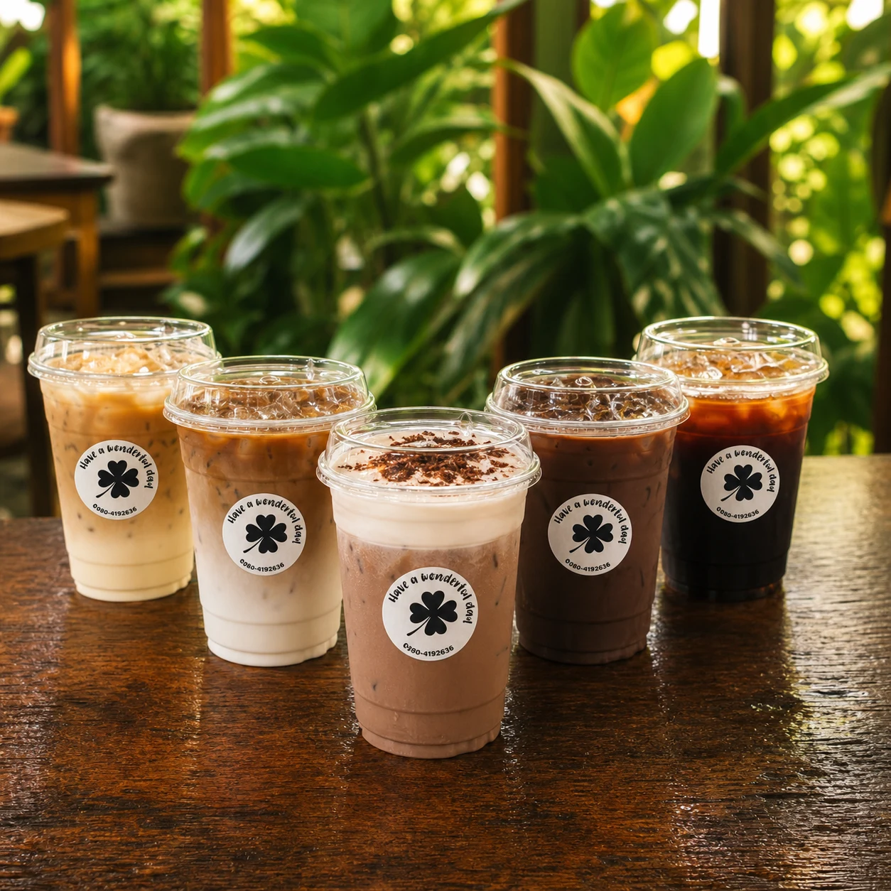 Five PIYA Café iced coffee drinks with clear lids and clover labels
